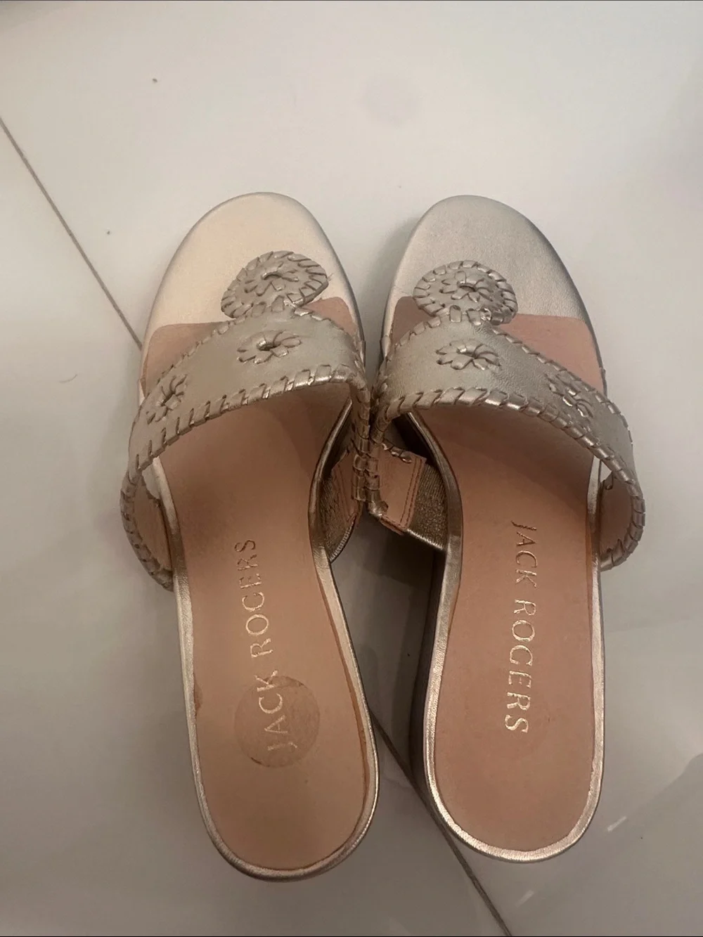 Jack Rogers Metallic Gold Wedge Sandals with Braided Medallion